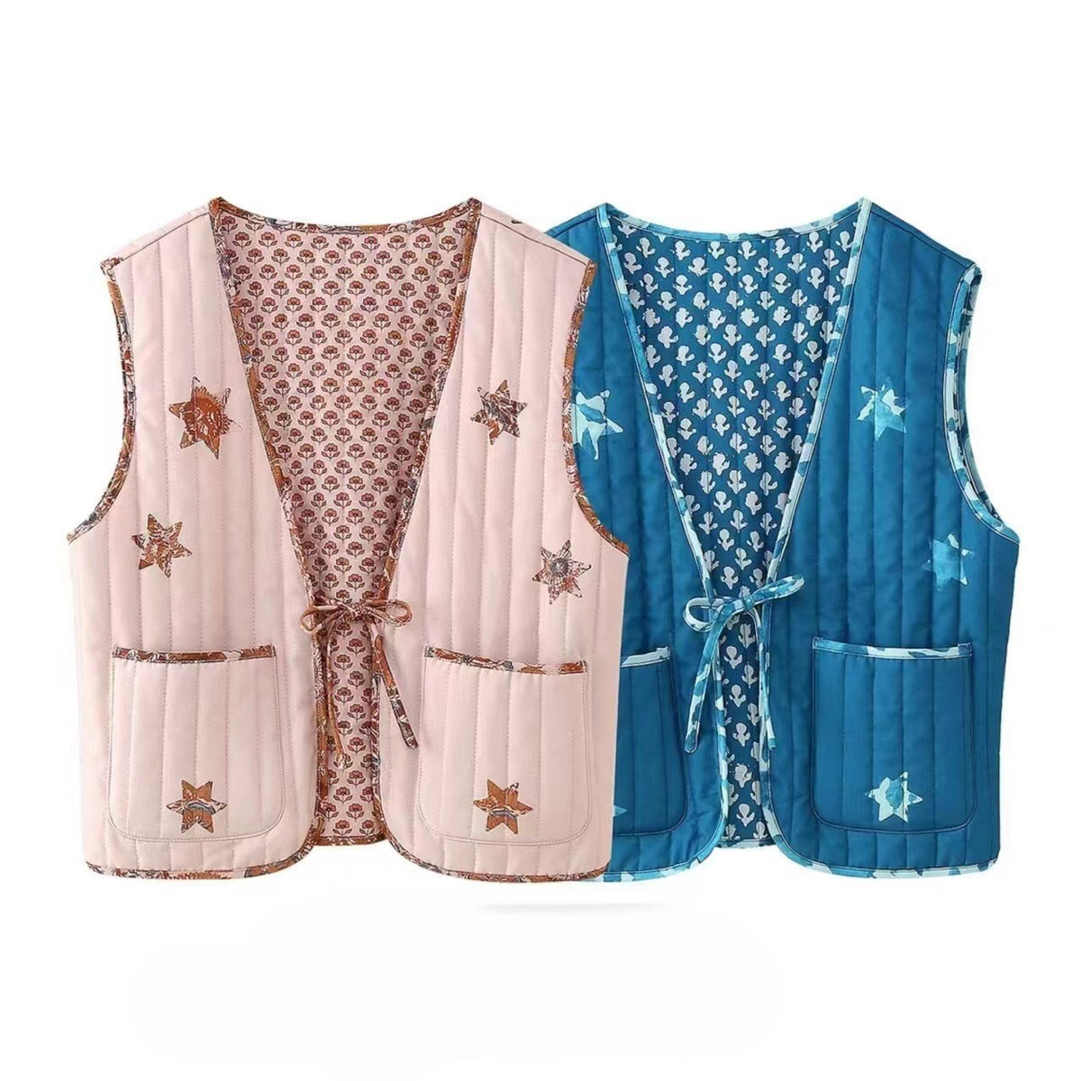 Reversible Star Print Quilted Vest - Blue - 3