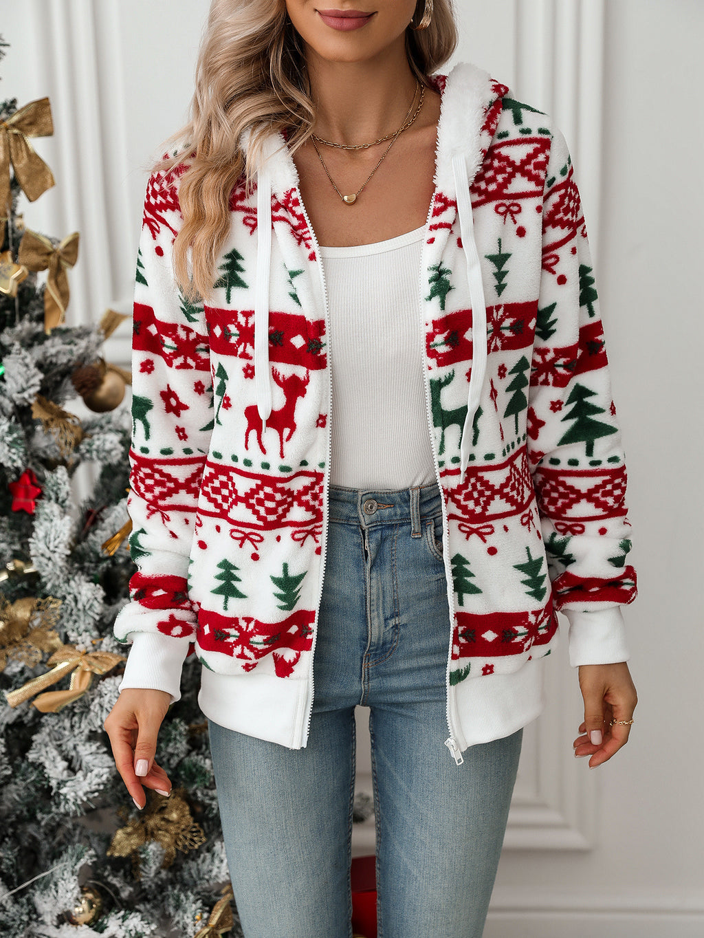 Nordic Print Plush Zip Up Jacket - White