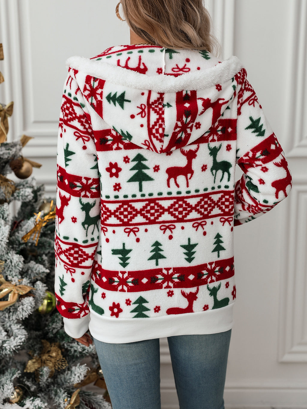 Nordic Print Plush Zip Up Jacket - White - 4