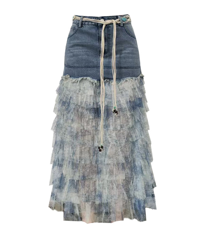 Tiered Tulle Denim Maxi Skirt With Belt - Skirt+Belt