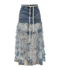Tiered Tulle Denim Maxi Skirt With Belt - Skirt+Belt