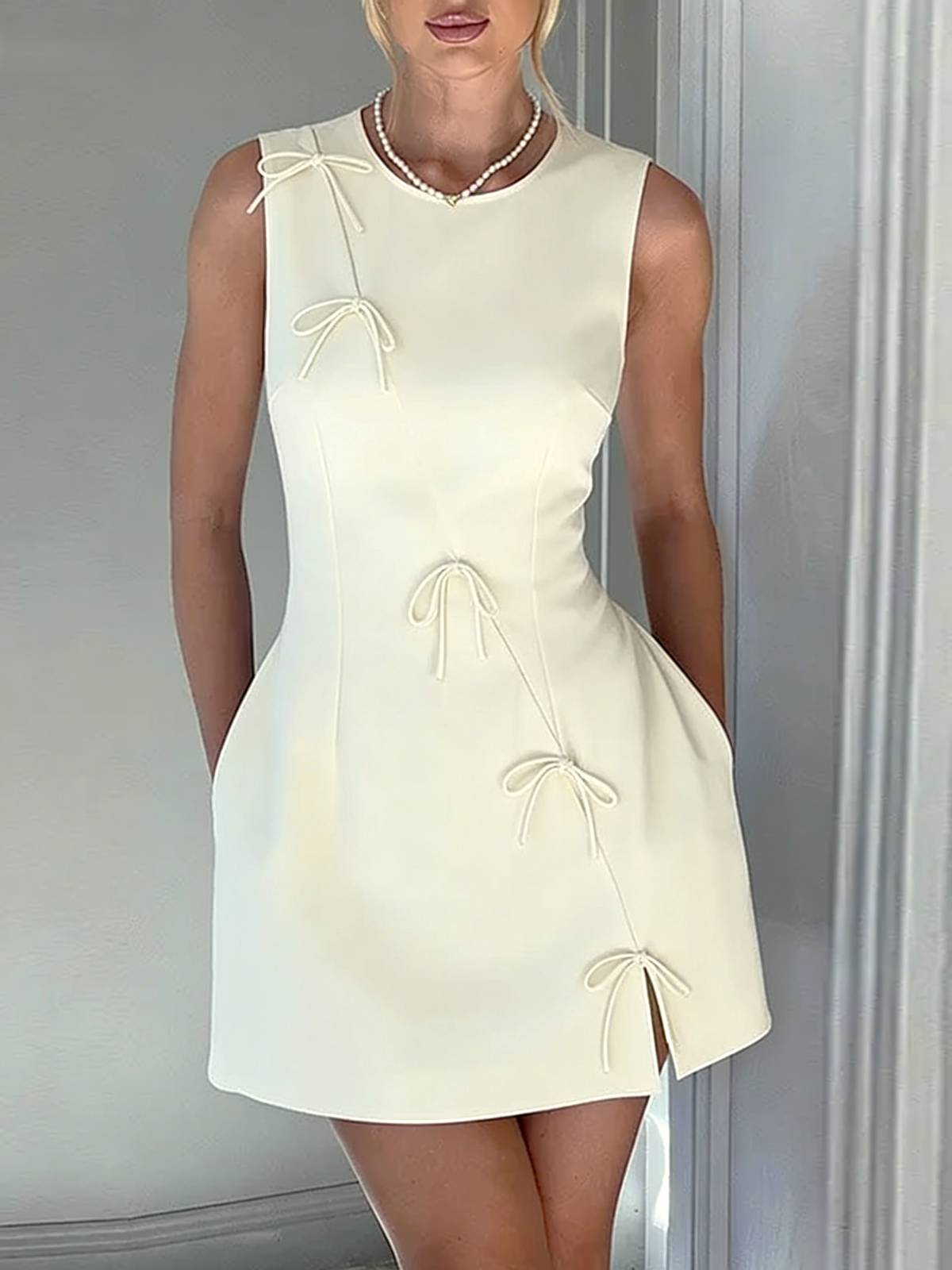 Bow Trim Sleeveless Shift Mini Dress - Beige