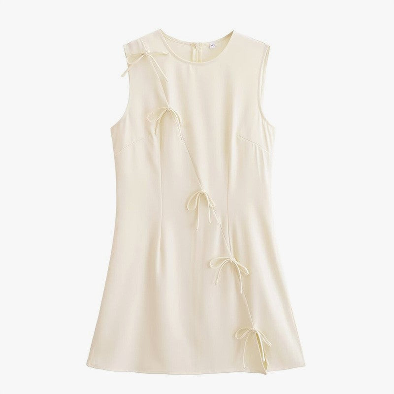 Bow Trim Sleeveless Shift Mini Dress - Beige - 1