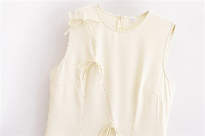 Bow Trim Sleeveless Shift Mini Dress - Beige - 2