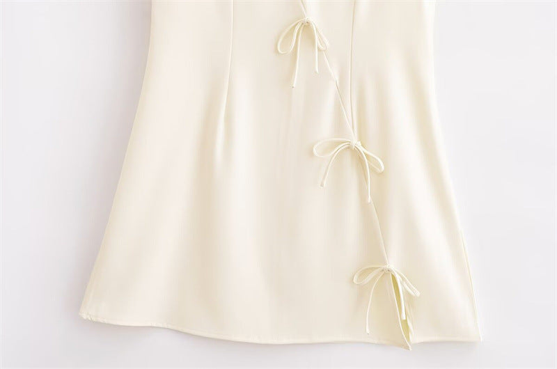 Bow Trim Sleeveless Shift Mini Dress - Beige - 3