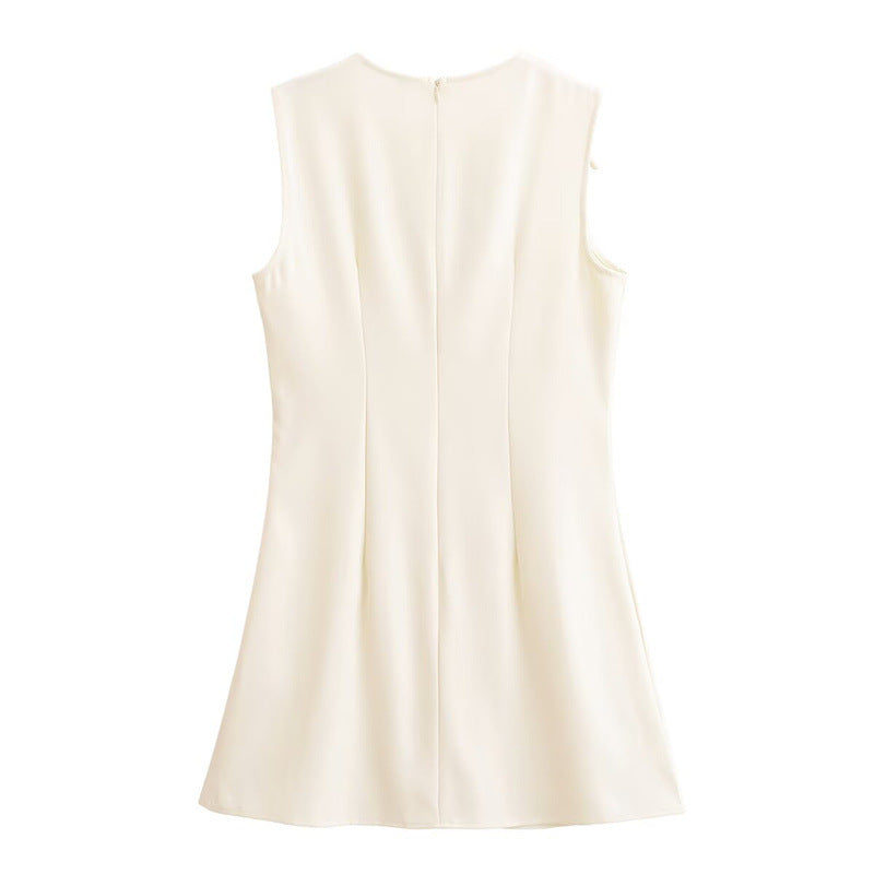 Bow Trim Sleeveless Shift Mini Dress - Beige - 6
