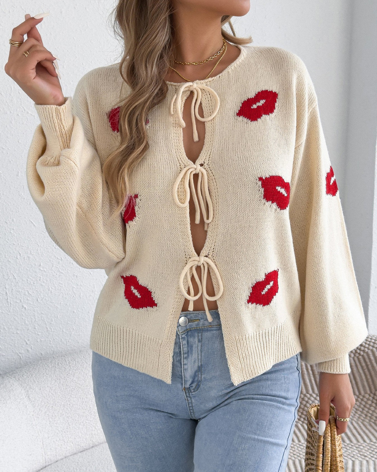 Kiss Print Ribbon Front Knit Cardigan - Apricot