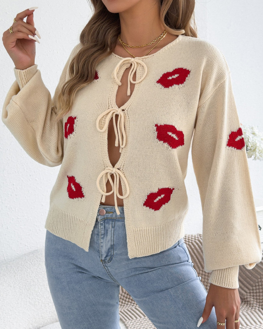 Kiss Print Ribbon Front Knit Cardigan - Apricot - 1