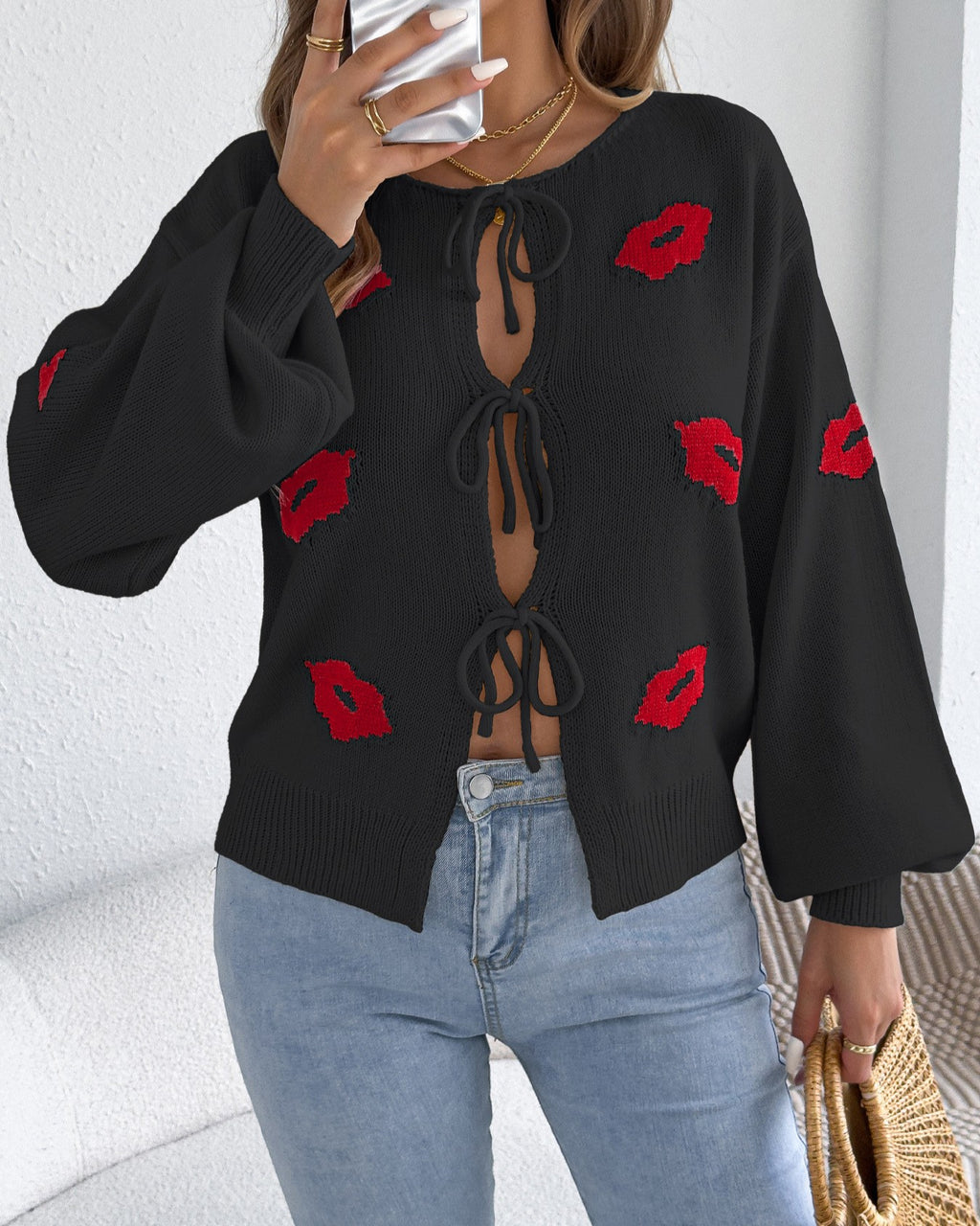 Kiss Print Ribbon Front Knit Cardigan - Black
