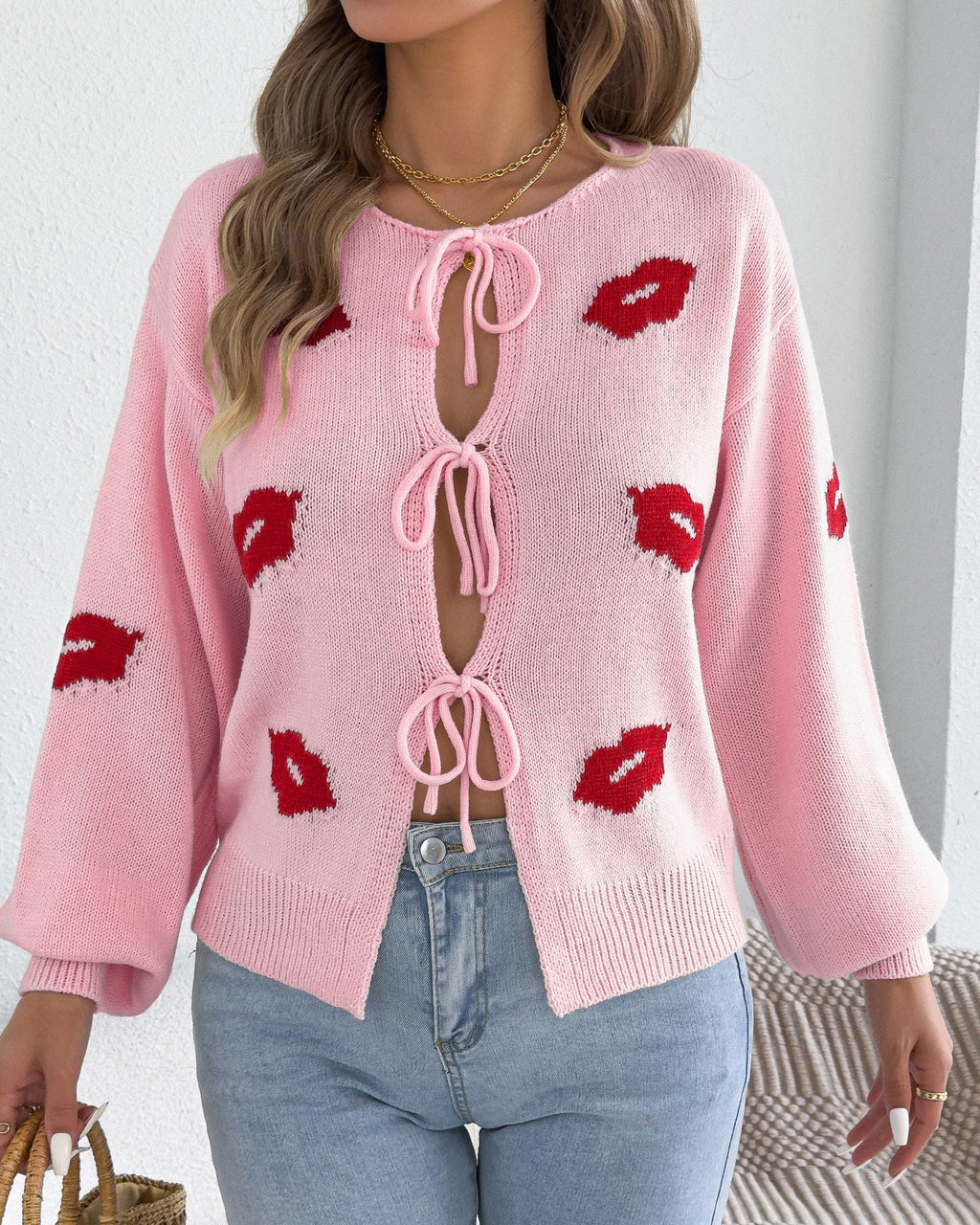 Kiss Print Ribbon Front Knit Cardigan - Pink