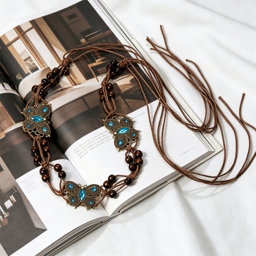 Western Butterfly Concho Beaded Cord Tie Belt - Color_01 - 1