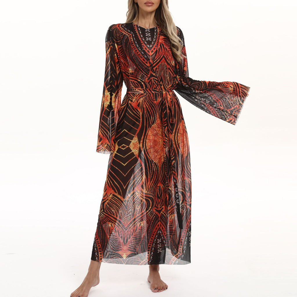 Sheer Mesh Bell Sleeve Long Kimono - DarkRed