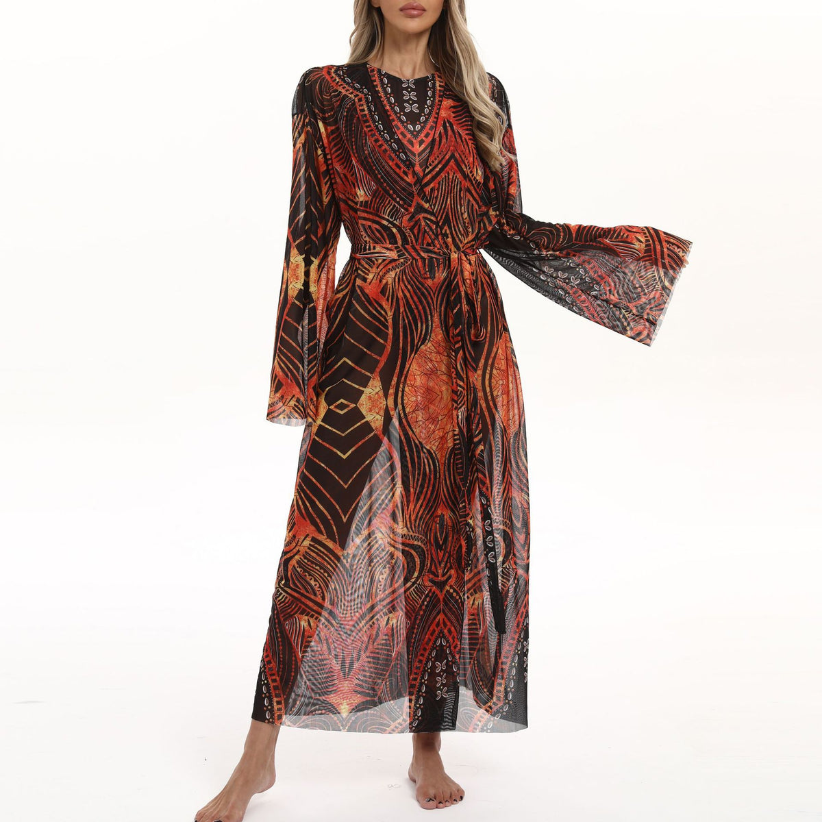 Sheer Mesh Bell Sleeve Long Kimono - DarkRed