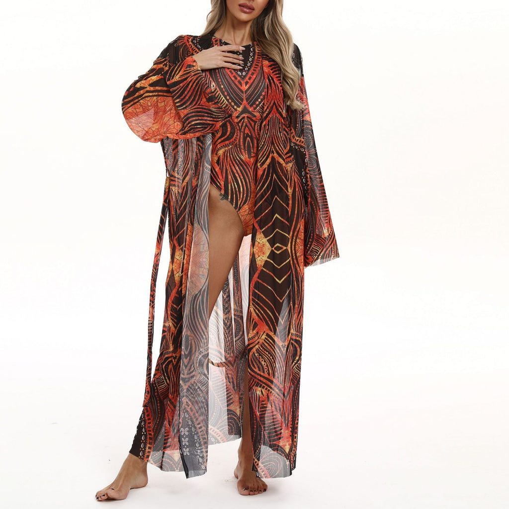 Sheer Mesh Bell Sleeve Long Kimono - DarkRed - 1