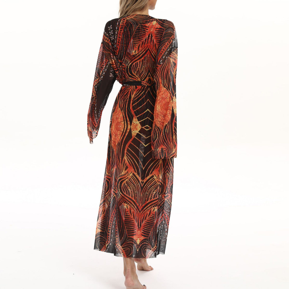 Sheer Mesh Bell Sleeve Long Kimono - DarkRed - 3