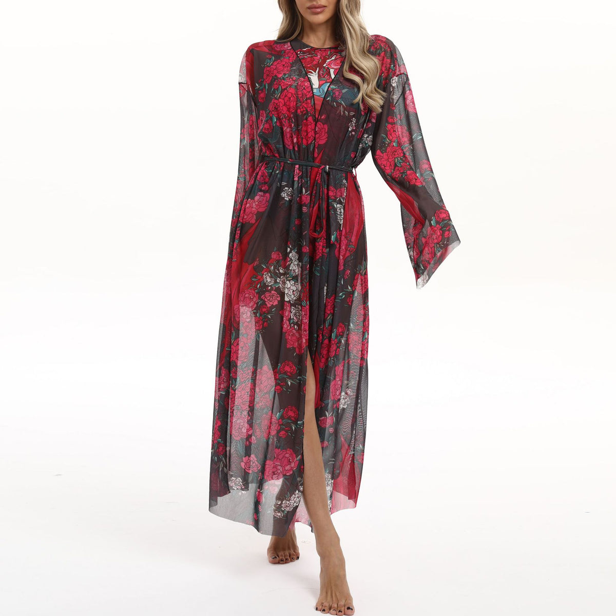 Sheer Mesh Bell Sleeve Long Kimono - Floral01