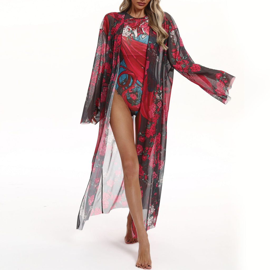 Sheer Mesh Bell Sleeve Long Kimono - Floral01 - 2