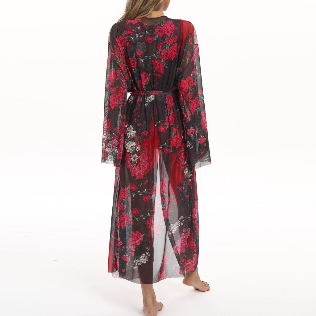 Sheer Mesh Bell Sleeve Long Kimono - Floral01 - 3