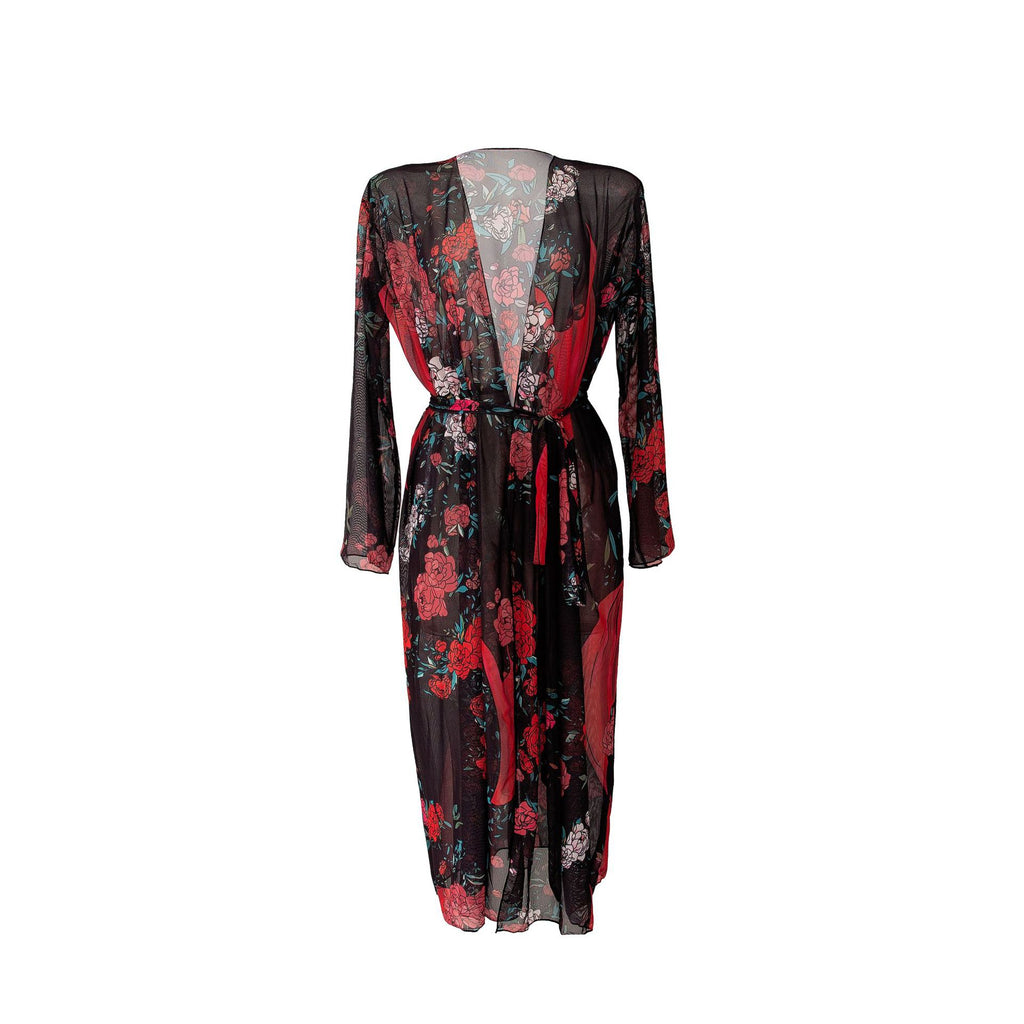 Sheer Mesh Bell Sleeve Long Kimono - Floral01 - 4