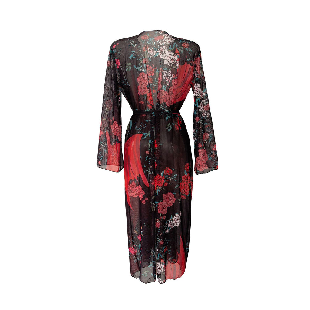Sheer Mesh Bell Sleeve Long Kimono - Floral01 - 5