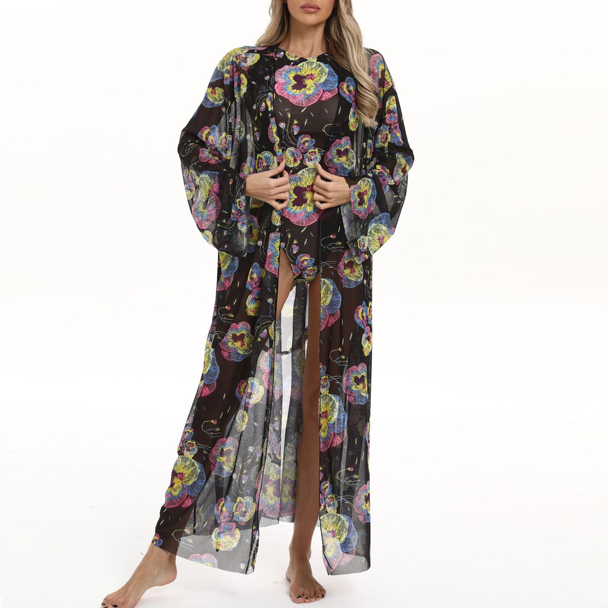 Sheer Mesh Bell Sleeve Long Kimono - Floral02 - 1