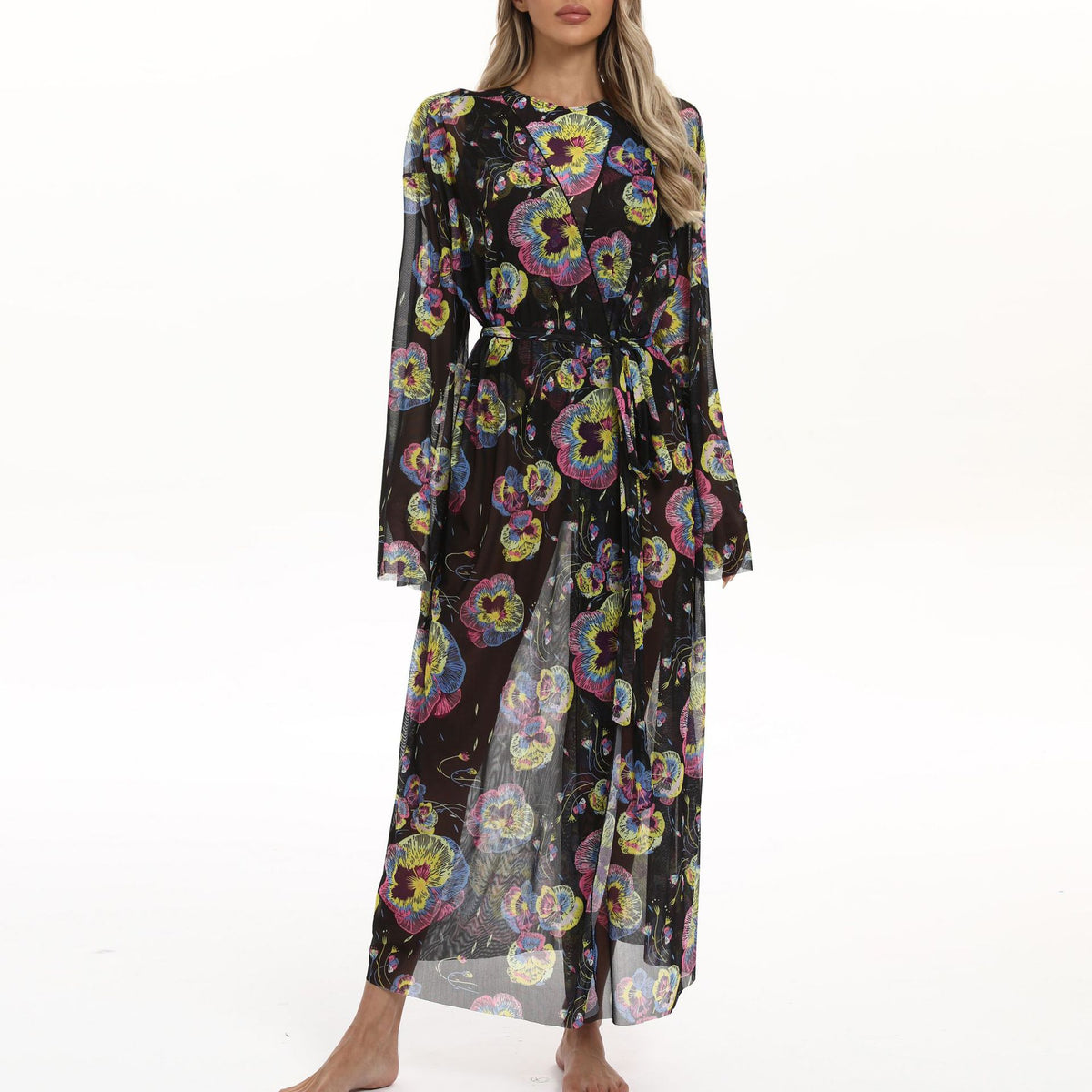 Sheer Mesh Bell Sleeve Long Kimono - Floral02 - 2