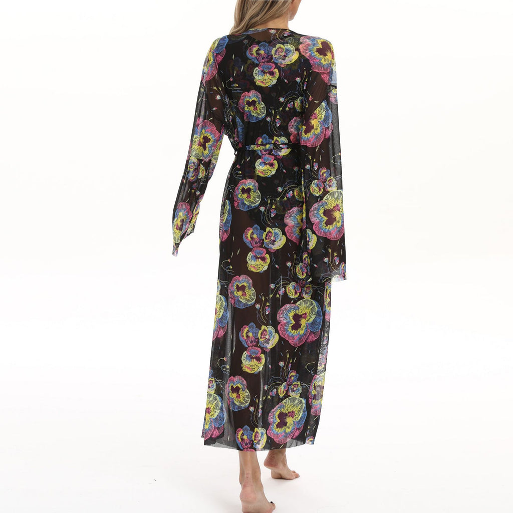 Sheer Mesh Bell Sleeve Long Kimono - Floral02 - 3