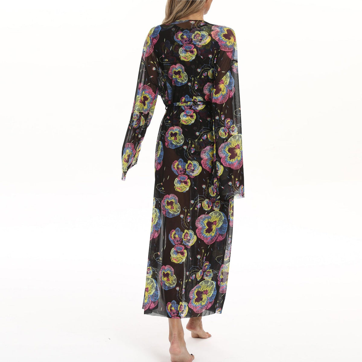Sheer Mesh Bell Sleeve Long Kimono - Floral02 - 3