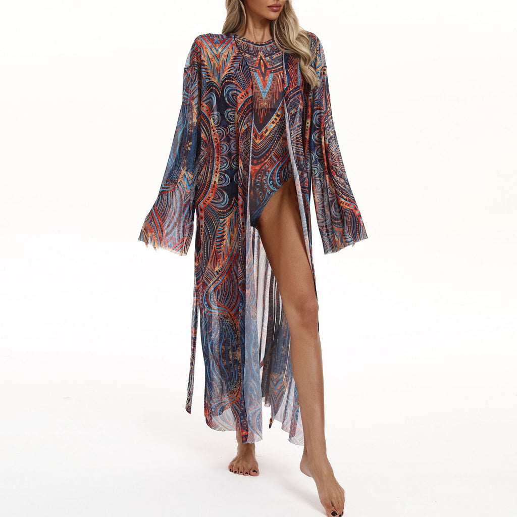 Sheer Mesh Bell Sleeve Long Kimono - Mandala - 1