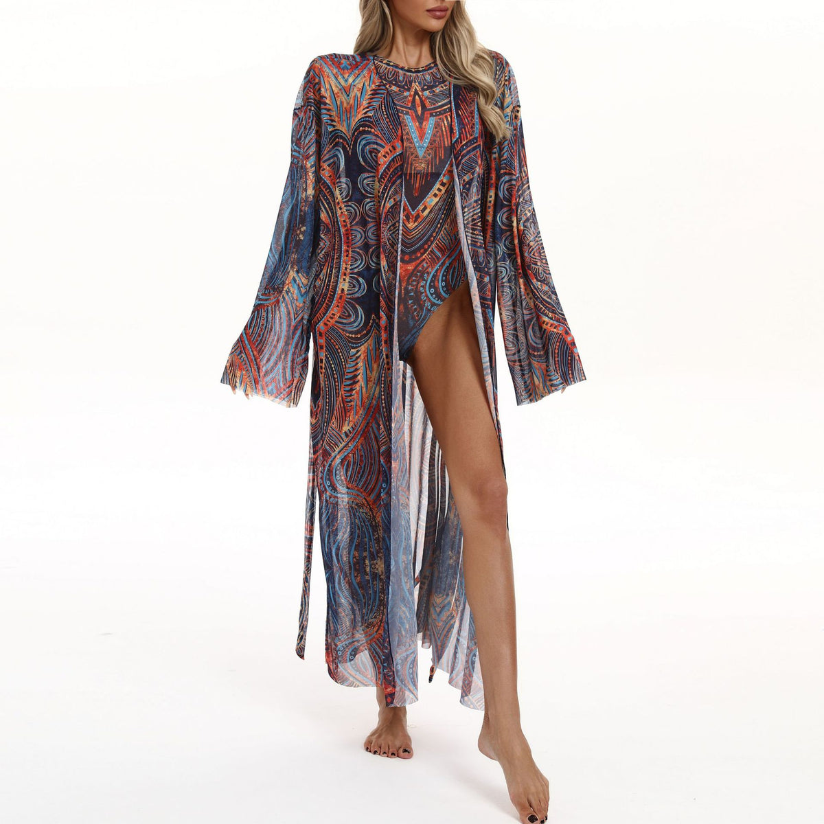 Sheer Mesh Bell Sleeve Long Kimono - Mandala - 1