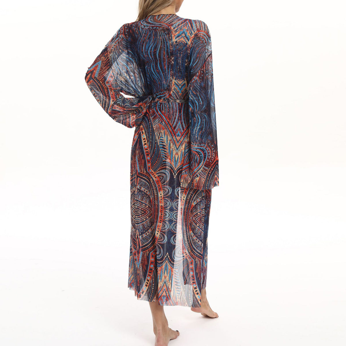 Sheer Mesh Bell Sleeve Long Kimono - Mandala - 3