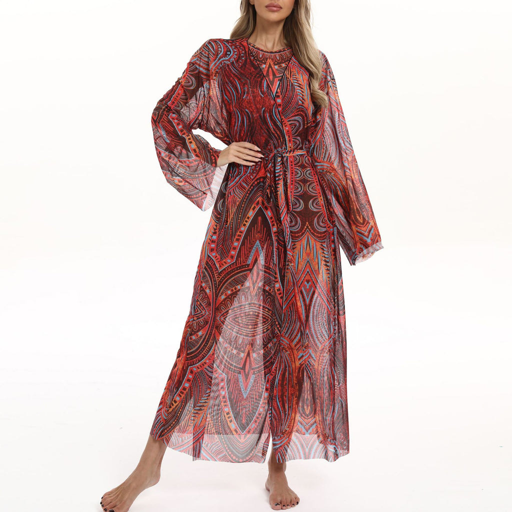 Sheer Mesh Bell Sleeve Long Kimono - Red - 1