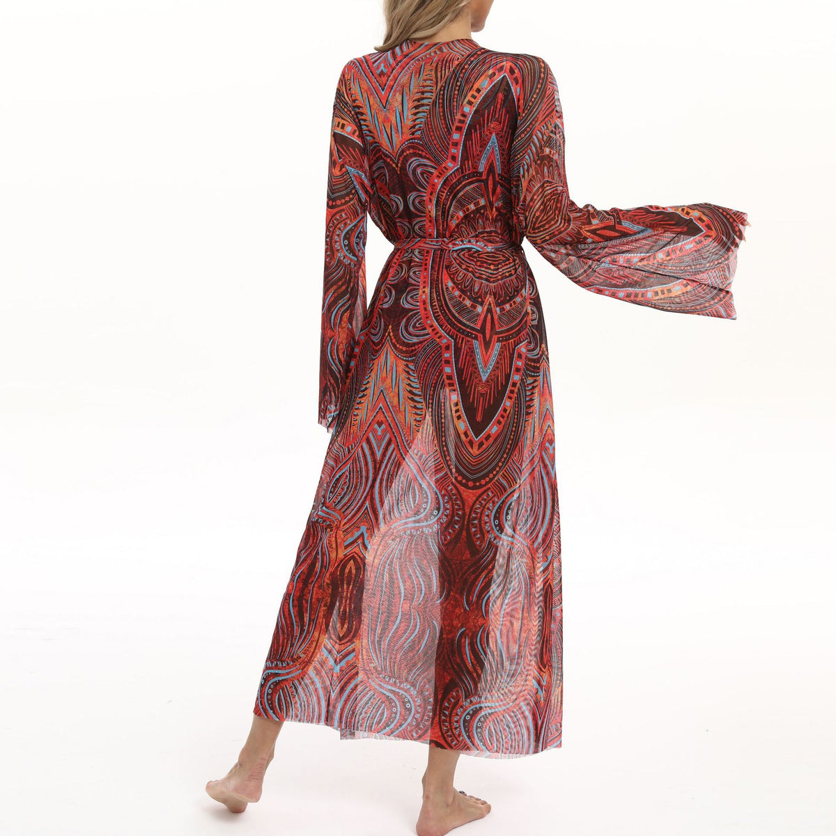 Sheer Mesh Bell Sleeve Long Kimono - Red - 3