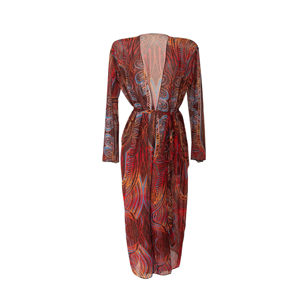 Sheer Mesh Bell Sleeve Long Kimono - Red - 4
