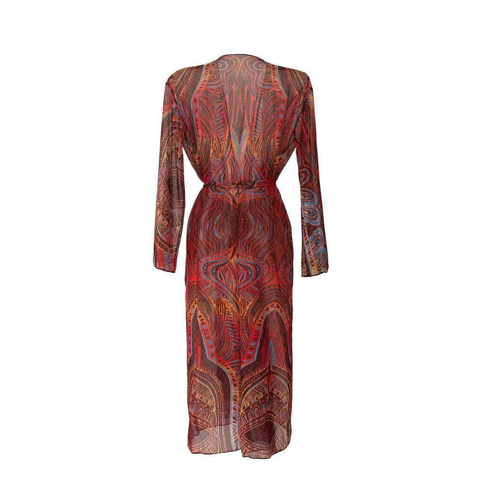 Sheer Mesh Bell Sleeve Long Kimono - Red - 5