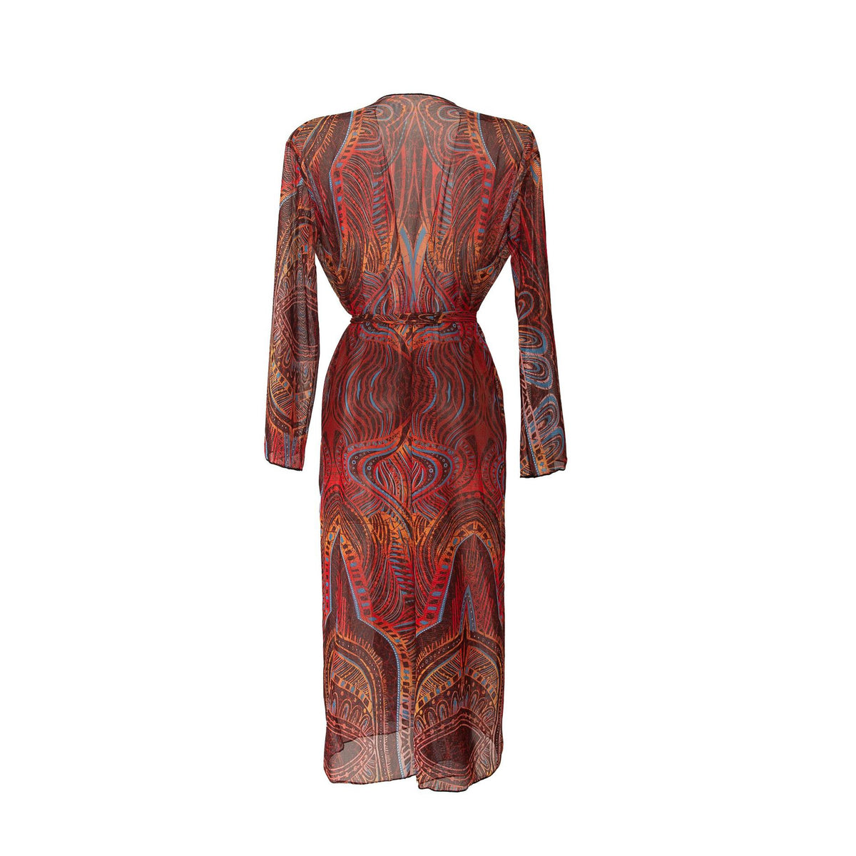 Sheer Mesh Bell Sleeve Long Kimono - Red - 5