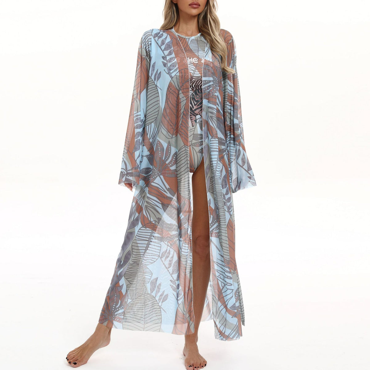 Sheer Mesh Bell Sleeve Long Kimono - Tropical - 1