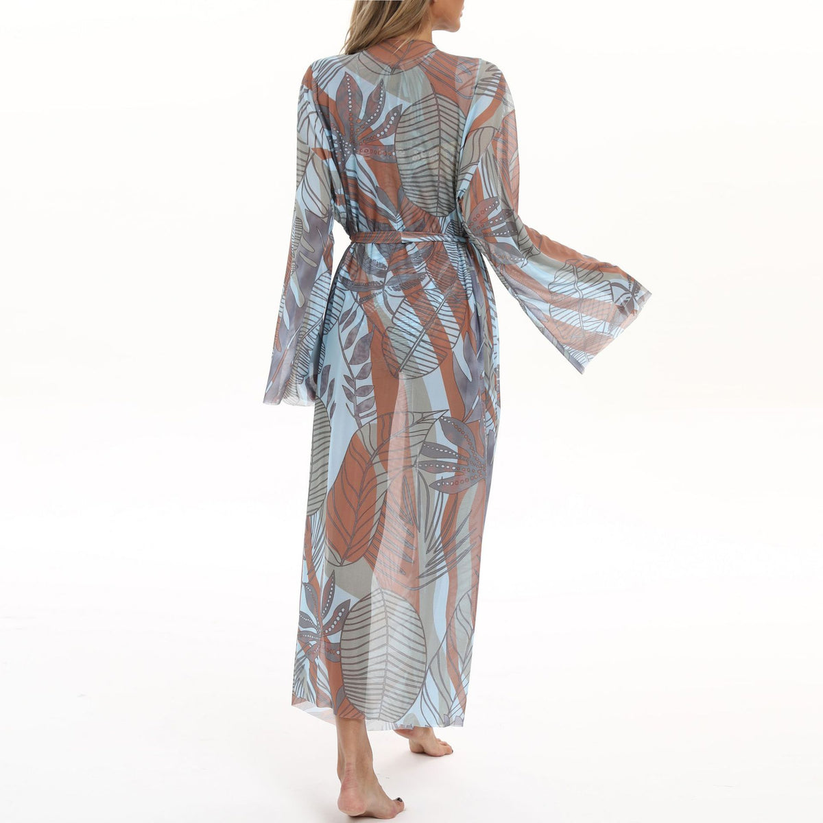 Sheer Mesh Bell Sleeve Long Kimono - Tropical - 3