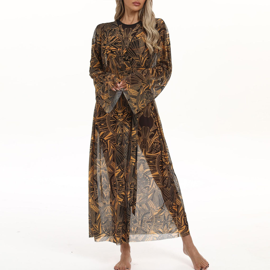 Sheer Mesh Bell Sleeve Long Kimono - abstract