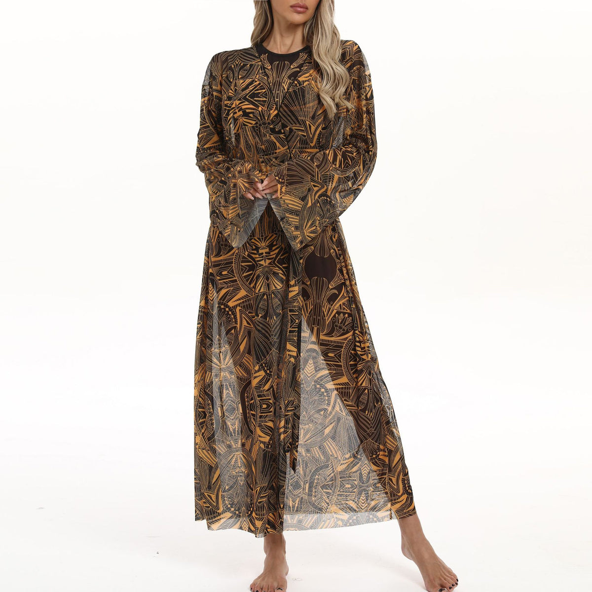 Sheer Mesh Bell Sleeve Long Kimono - abstract