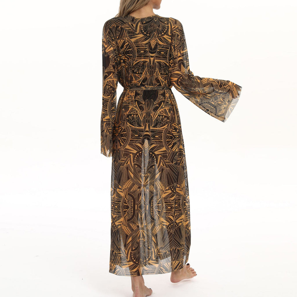 Sheer Mesh Bell Sleeve Long Kimono - abstract - 3