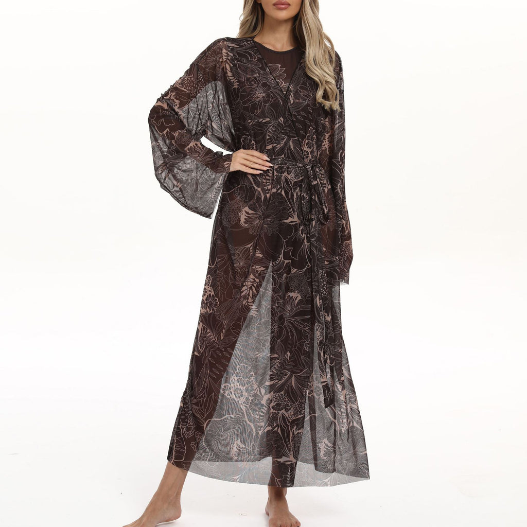 Sheer Mesh Bell Sleeve Long Kimono - botanical