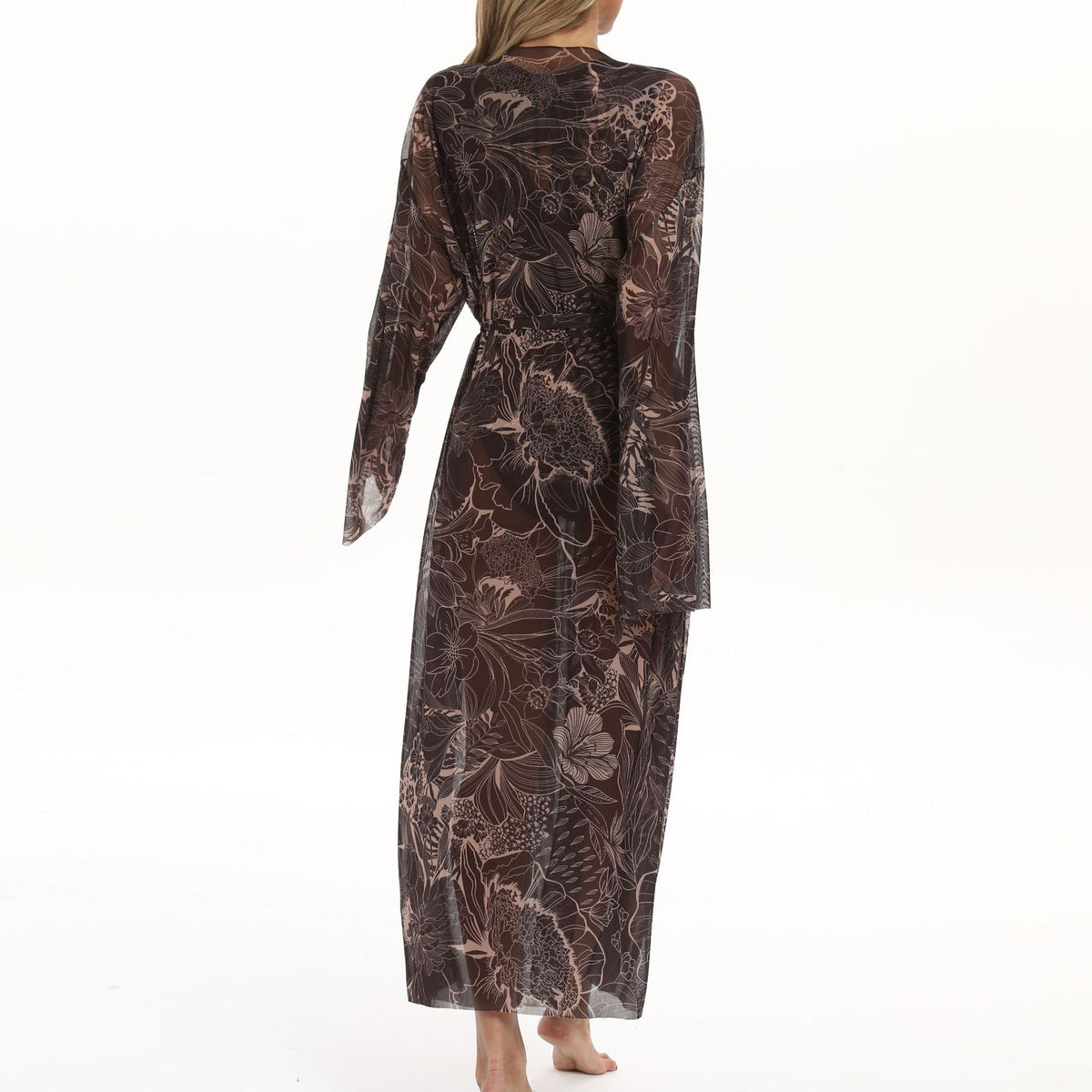 Sheer Mesh Bell Sleeve Long Kimono - botanical - 2