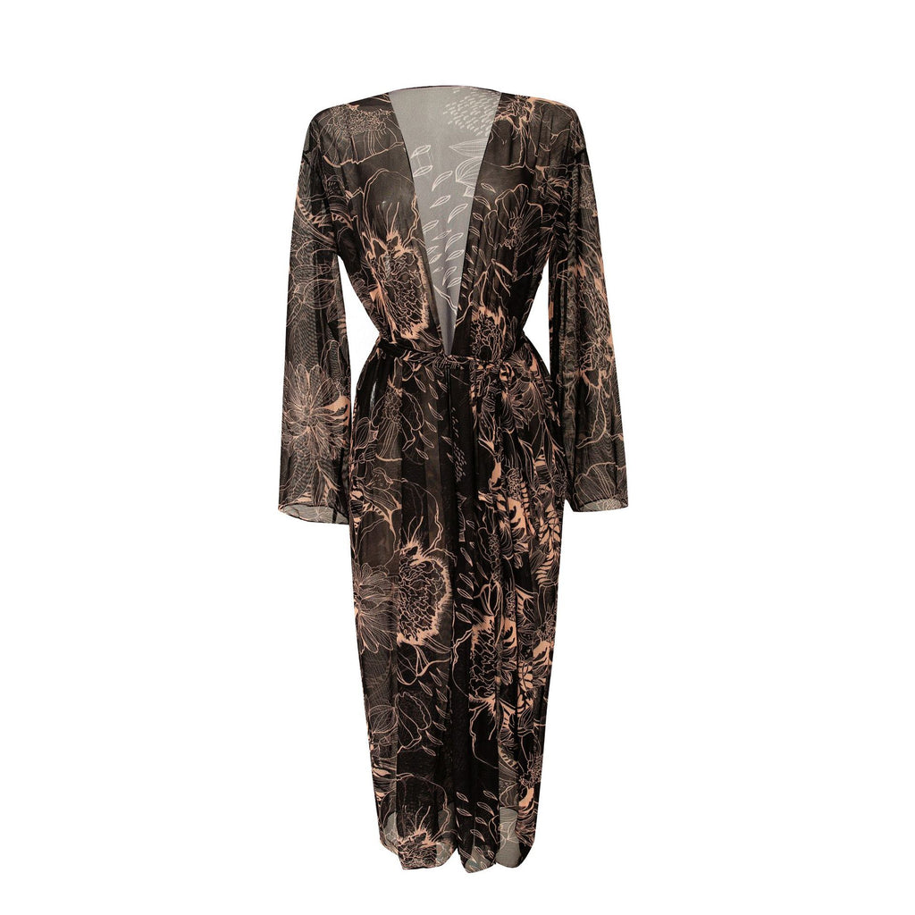Sheer Mesh Bell Sleeve Long Kimono - botanical - 4