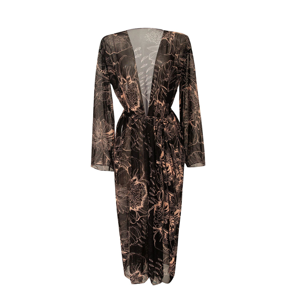 Sheer Mesh Bell Sleeve Long Kimono - botanical - 4