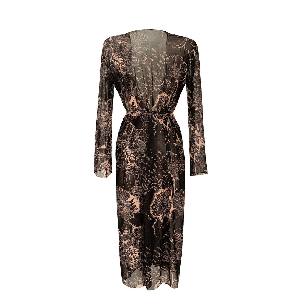 Sheer Mesh Bell Sleeve Long Kimono - botanical - 5