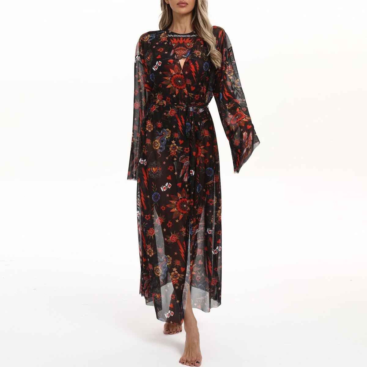 Sheer Mesh Bell Sleeve Long Kimono - wonderland - 2