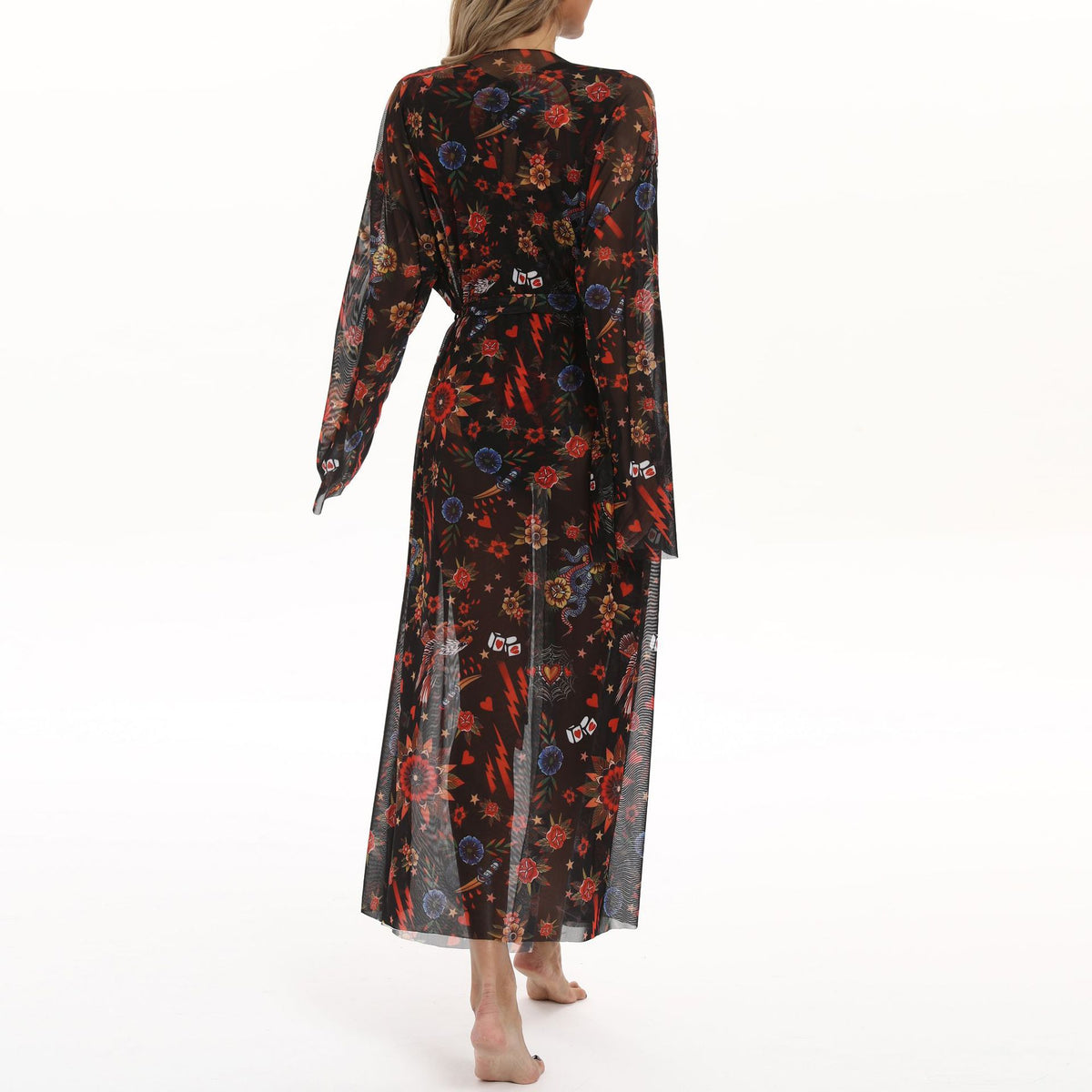 Sheer Mesh Bell Sleeve Long Kimono - wonderland - 3