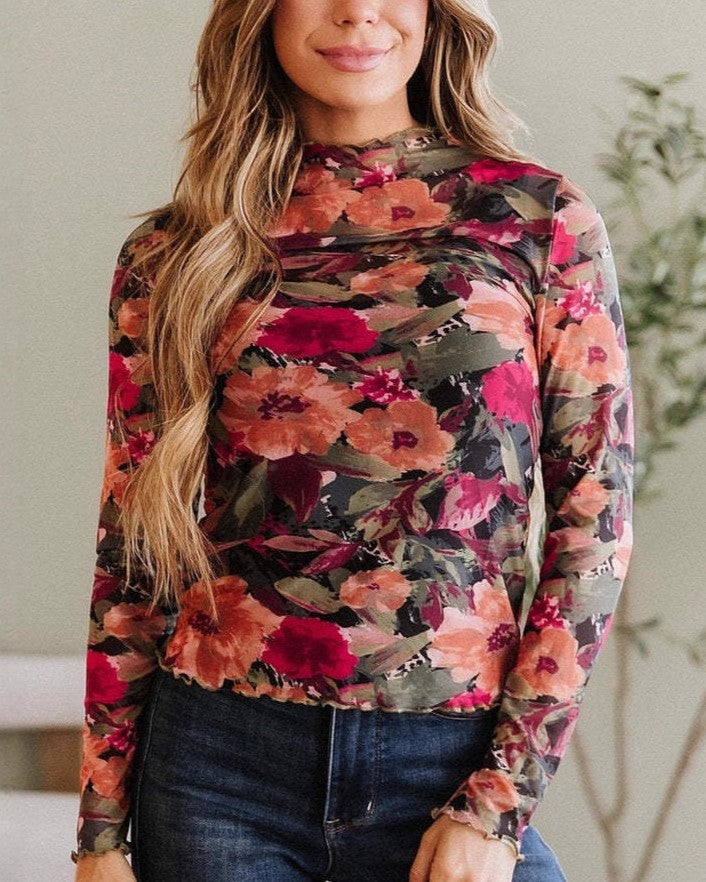 Floral Mesh Mock Neck Long Sleeve Top - Floral