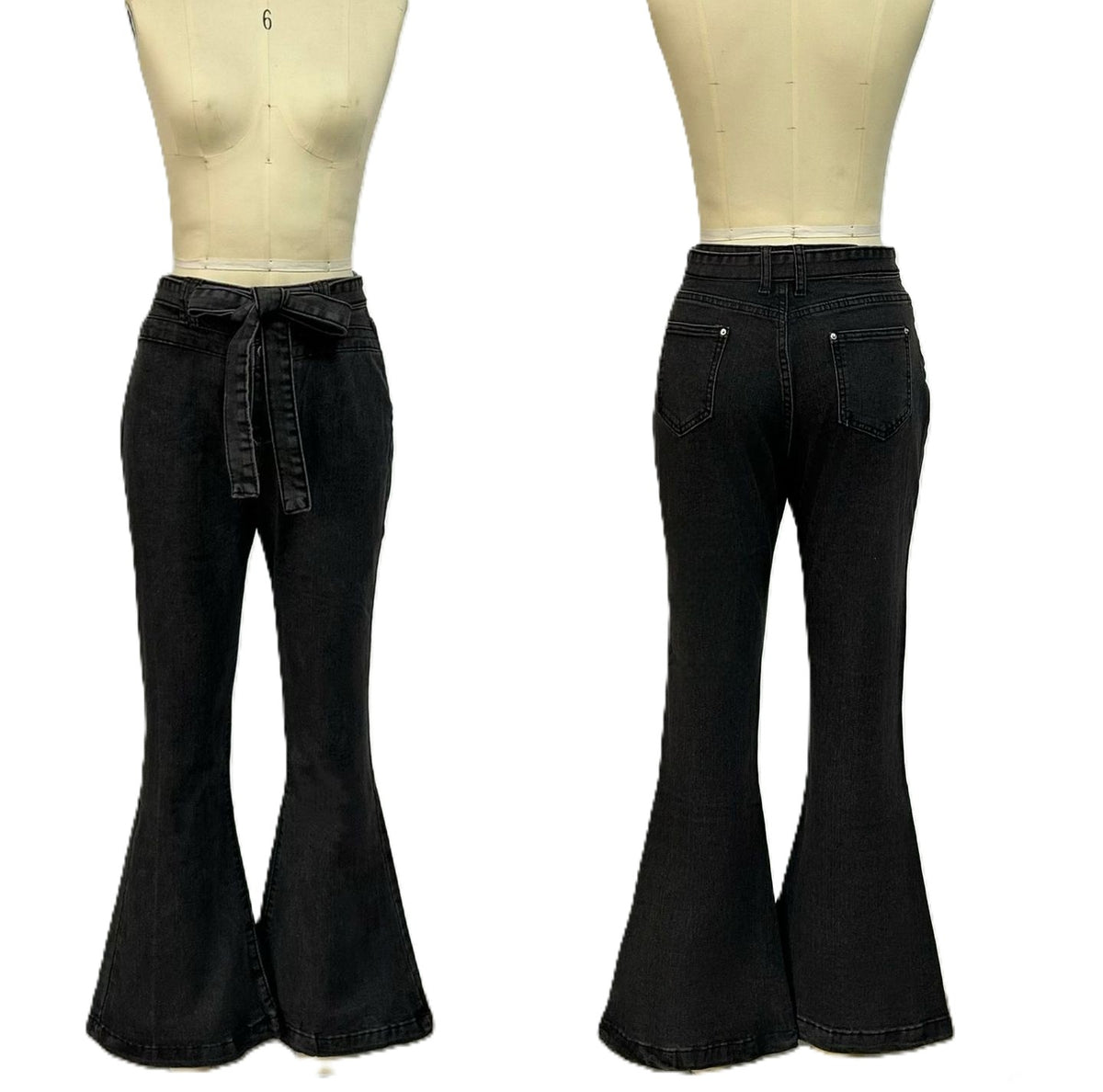 Tie Belt High Rise Flare Jeans - Black